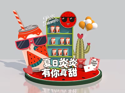 Sweet Summer Decorative Scene With Watermelon Can Cactus Balloons And Cups 3d model
