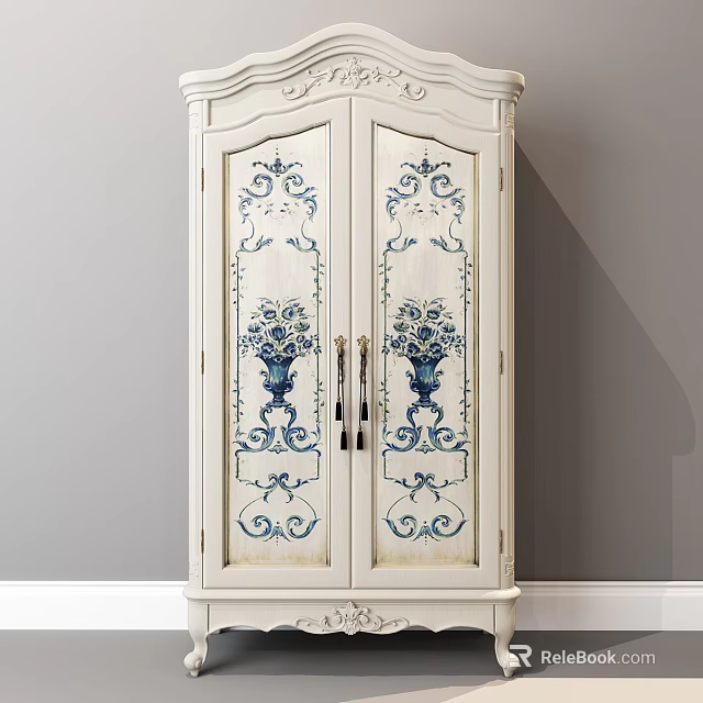 White Double Door Wardrobe With Blue Floral Vase Patterns And Carved Details 3d model 