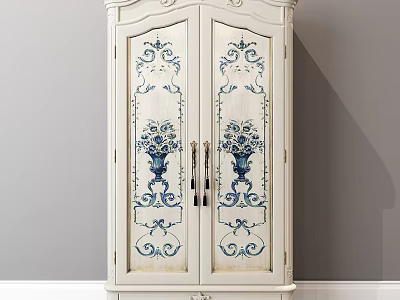 White Double Door Wardrobe With Blue Floral Vase Patterns And Carved Details 3d model