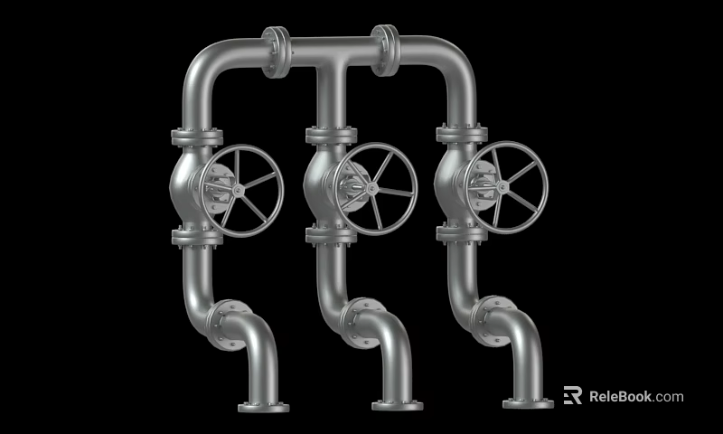 Three Parallel Industrial Metal Pipes With Wheel Valves In Pipeline System 3d model 