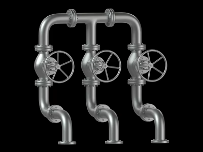 Three Parallel Industrial Metal Pipes With Wheel Valves In Pipeline System 3d model