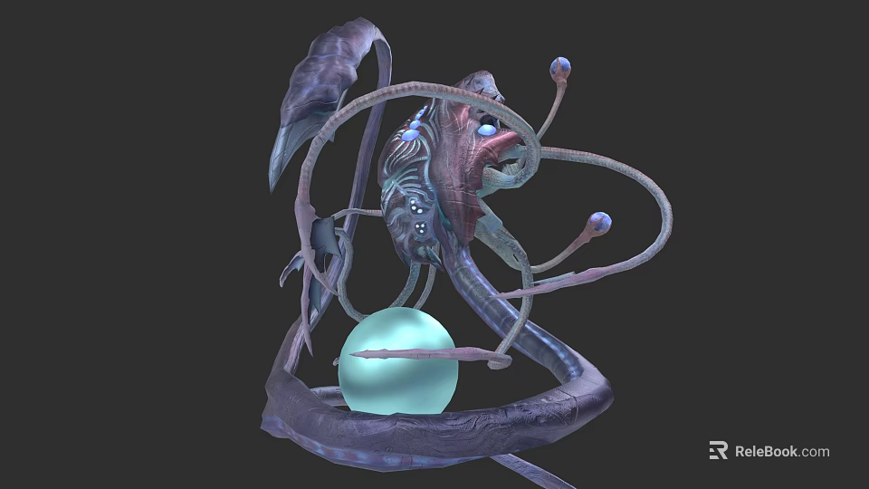Fantasy Character And Alien Creature With Twisted Tentacles Around Green Sphere And Intricate Bioluminescent Features 3d model 