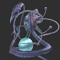 Fantasy Character And Alien Creature With Twisted Tentacles Around Green Sphere And Intricate Bioluminescent Features