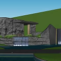 Modern Sales Office Building With Curved Black Roof And Glass Curtain Wall Water Feature