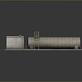 Industrial Cylindrical Storage Tank With Control Building Metal Stairs And Green Ground Base