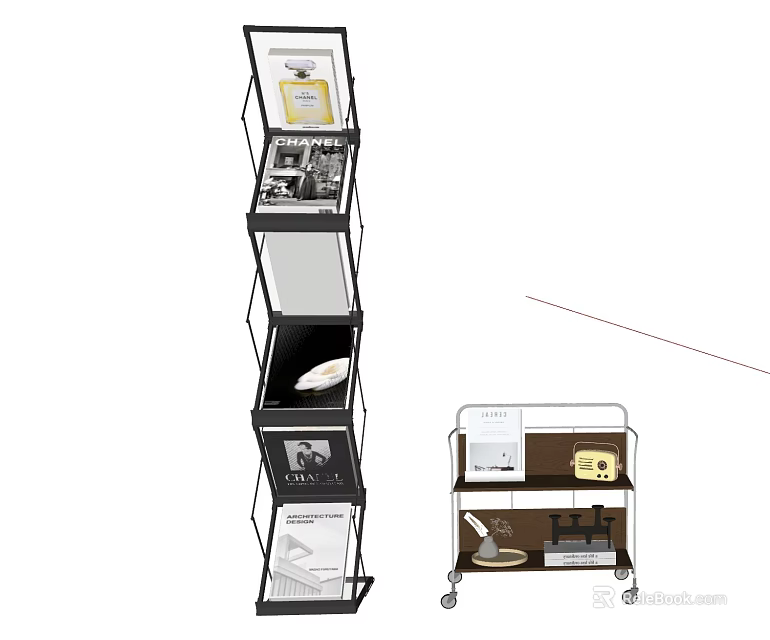 Modern Multi Tier Open Shelf Bookcase with Wheeled Storage Cart and Items 3d model 
