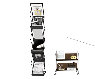 Modern Multi Tier Open Shelf Bookcase with Wheeled Storage Cart and Items 3d model