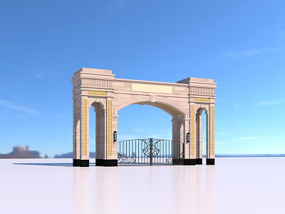 Classical Stone Entrance Gate With Arched Design And Wrought Iron Details Under Blue Sky 3d model