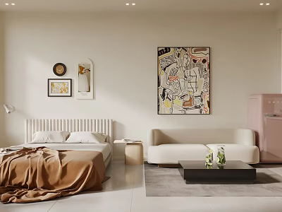 Modern Apartment Interior With Bedroom Living Area Bed Sofa Decorative Painting And Area Rug 3d model