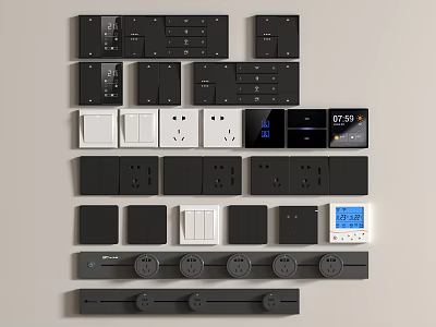 Multiple Black And White Electrical Switches Sockets With Digital Display Control Panels 3d model