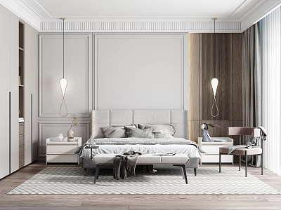 Modern Bedroom Interior With Upholstered Headboard Pendant Lights Wooden Accents And Area Rug 3d model