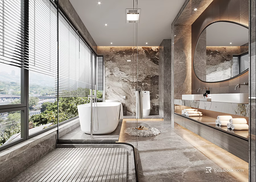 Modern Bathroom Interior Design With White Bathtub Round Mirror Marble Walls And Double Sink Vanity 3d model 