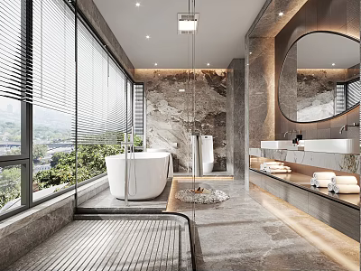 Modern Bathroom Interior Design With White Bathtub Round Mirror Marble Walls And Double Sink Vanity 3d model
