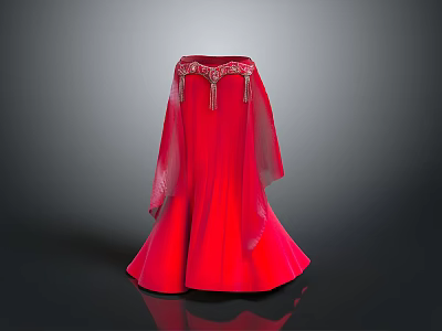 Elegant Red Long Dress with Decorative Waist and Sheer Sleeves for Daily Use 3d model