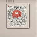 Red Smiling Circle With Surrounding Cartoon Monsters On Beige Canvas Using White Lines 3d model