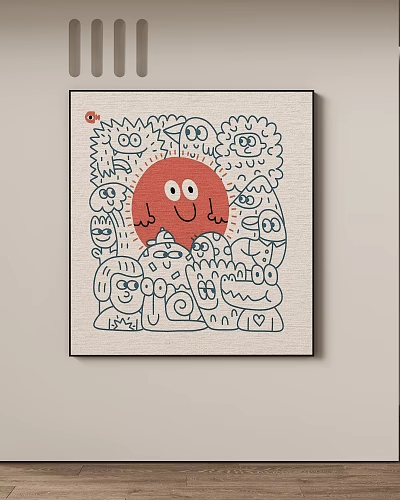 Red Smiling Circle With Surrounding Cartoon Monsters On Beige Canvas Using White Lines 3d model