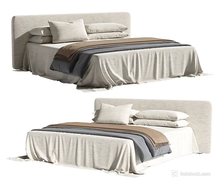 Double Bed With Upholstered Headboard Beige Gray Brown Bedding And Decorative Pillows 3d model