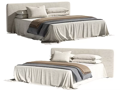 Double Bed With Upholstered Headboard Beige Gray Brown Bedding And Decorative Pillows 3d model