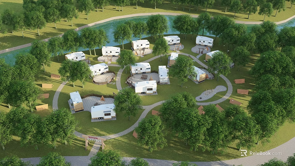 Scenic RV Campground With Multiple RVs Green Grass Trees Lake And Paths 3d model 