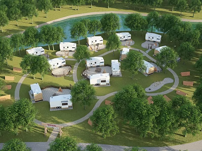 Scenic RV Campground With Multiple RVs Green Grass Trees Lake And Paths 3d model