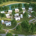 Scenic RV Campground With Multiple RVs Green Grass Trees Lake And Paths