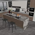Modern Kitchen Interior Design With Marble Island Fruit Stools Cabinets And Appliances 3d model