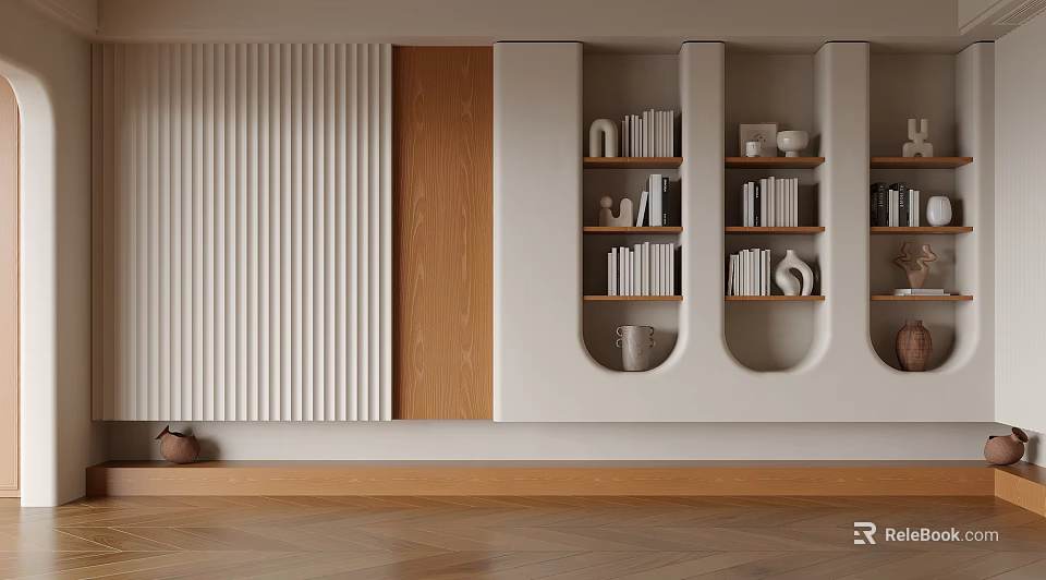 Modern Minimalist Built In Bookshelf With Warm Natural Wood Accents And Elegant Book Decor Displays 3d model 