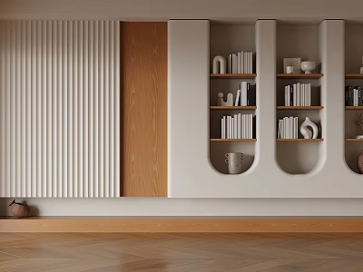 Modern Minimalist Built In Bookshelf With Warm Natural Wood Accents And Elegant Book Decor Displays 3d model