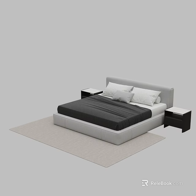 Modern Double Bed with Gray Headboard Black Mattress and Two Nightstands on Rug 3d model 