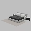 Modern Double Bed with Gray Headboard Black Mattress and Two Nightstands on Rug