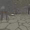 Cartoon Scene Interior With Wooden Structures Stone Walls Two Levels Stone Floor Furniture And Tools