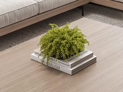 Fresh Green Potted Plant On Stacked Books On Wooden Table In Modern Living Room Interior 3d model