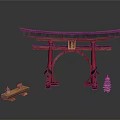 Traditional Japanese Red Torii Gate Decorative Scene With Wooden Bench And Pagoda Model