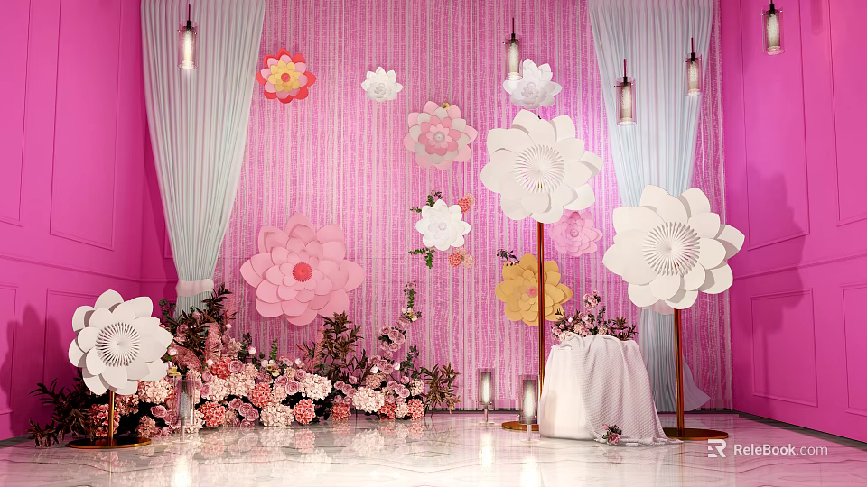 Pink Striped Event Decor With Large Paper Flowers Hanging Lights Floral Arrangements White Draped Stand 3d model 