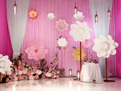 Pink Striped Event Decor With Large Paper Flowers Hanging Lights Floral Arrangements White Draped Stand 3d model