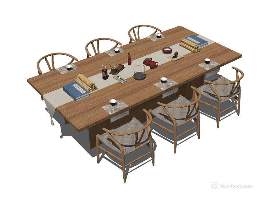 Traditional Wooden Tea Table and Six Chairs with Tea Set and Books in Tea Room 3d model 