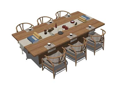 Traditional Wooden Tea Table and Six Chairs with Tea Set and Books in Tea Room 3d model