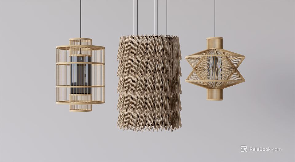Modern Geometric And Woven Pendant Lights With Natural Wood Texture And Unique Shapes 3d model 