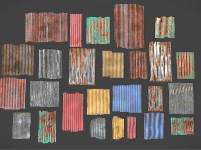 Various Colored Corrugated Metal Sheets With Rusted Textures On Dark Background 3d model