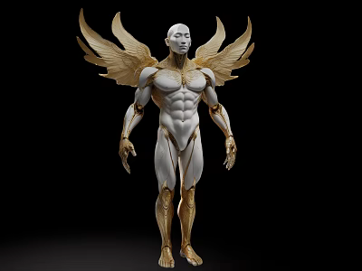 Mythical Game and Movie Character Standing With Golden Wings And White Muscular Body 3d model