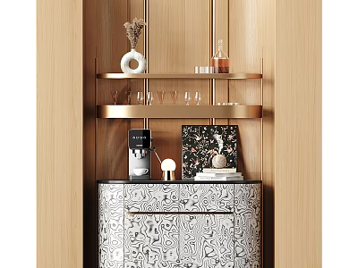 Elegant Modern Wine Cabinet With Glass Shelves Wine Glasses And Patterned Drawers 3d model
