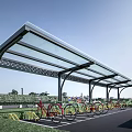 Outdoor Bicycle Parking Lot With Glass Canopy Metal Frame And Green Lawn