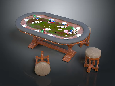 Oval Poker Table With Poker Cards Chips And Stools With Cushions 3d model