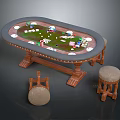 Oval Poker Table With Poker Cards Chips And Stools With Cushions