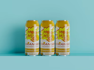 Three Cans of Mo MIL Orange Tangy Flavor Canned Drink on Blue Background 3d model