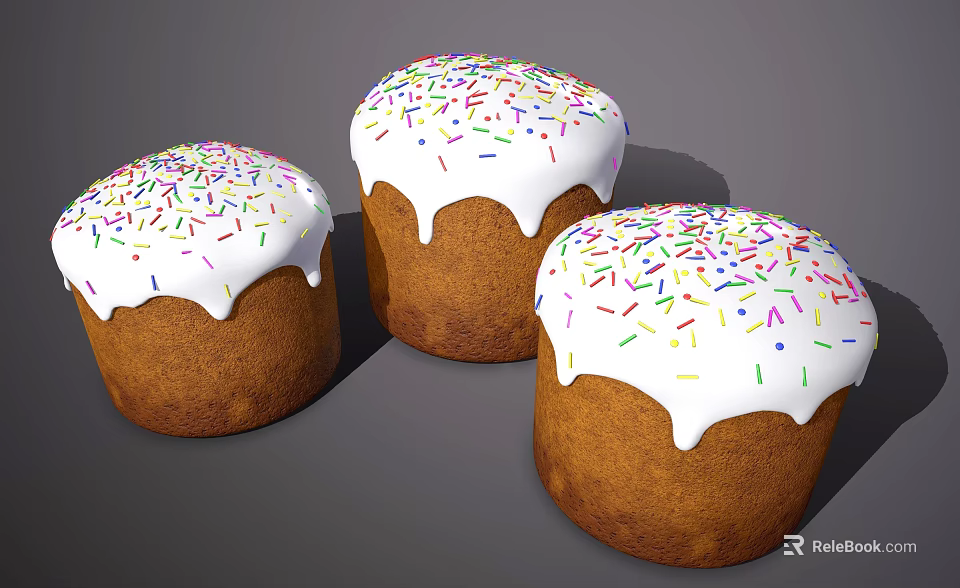 Three Freshly Baked Cakes With White Frosting And Colorful Sprinkles 3d model 