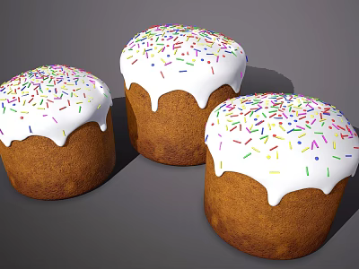 Three Freshly Baked Cakes With White Frosting And Colorful Sprinkles 3d model