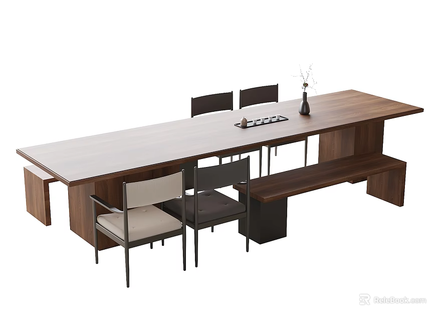 Modern Wooden Tea Table and Chairs with Four Seats Tea Set Tray and Vase 3d model 