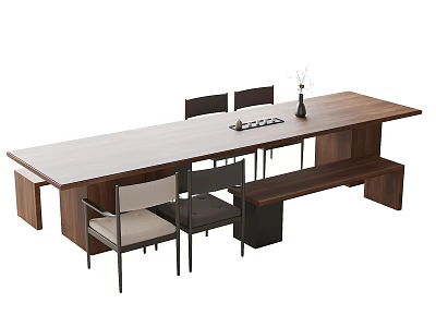 Modern Wooden Tea Table and Chairs with Four Seats Tea Set Tray and Vase 3d model