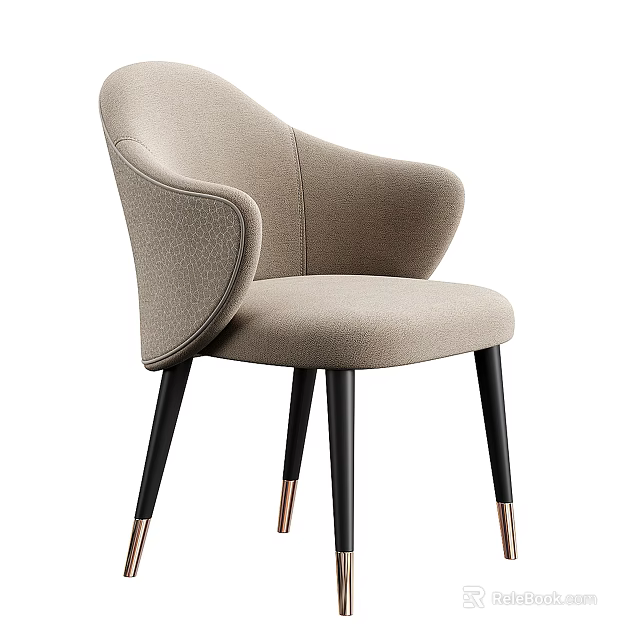 Modern Light Gray Fabric Dining Chair With Armrest Design Black Legs And Golden Base Accents 3d model 